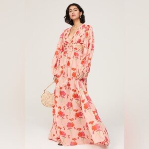 Miguelina Pink Floral Cutout Dress Tie Front Boho Resort Size L